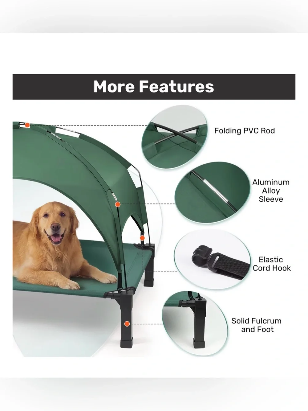 Heeyoo Outdoor Elevated Dog Bed with Removable Canopy, Green, 60 x 36 x 9.5-in